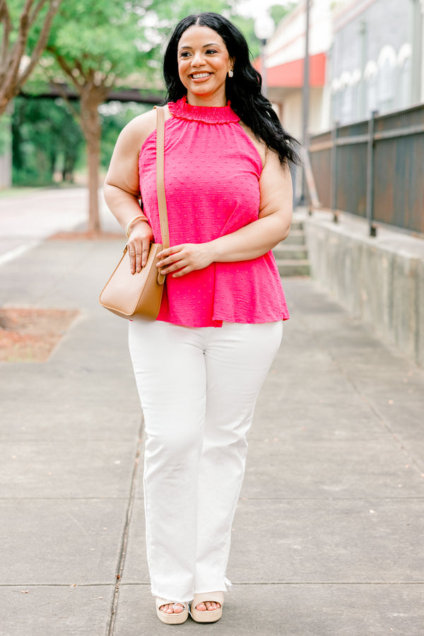 Chic Soul plus size clothing, fuchsia sleeveless halter tank top with smocked neck detail with raised texture dot print