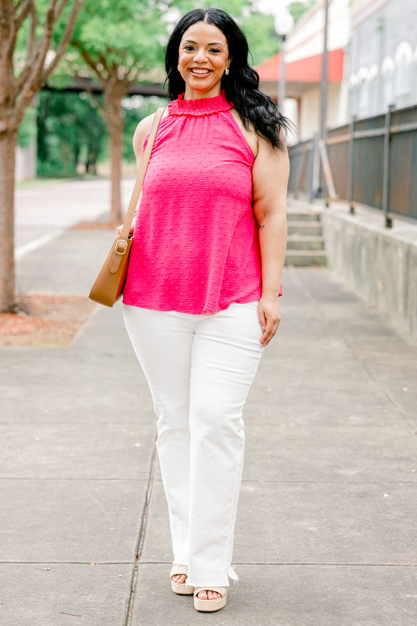 Chic Soul plus size clothing, fuchsia sleeveless halter tank top with smocked neck detail with raised texture dot print
