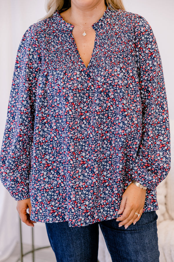 Chic Soul plus size clothing, blue red and white floral print long sleeve v neck top