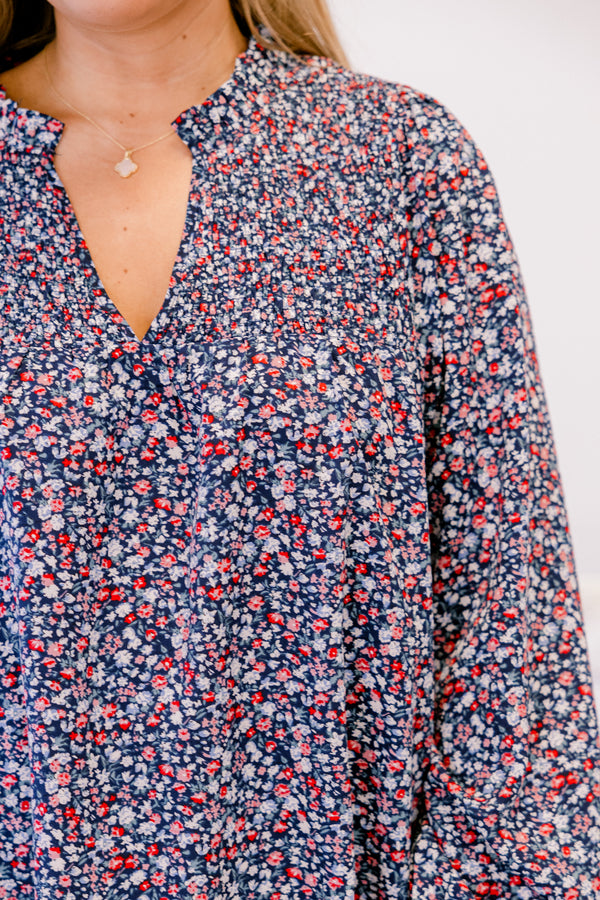 Chic Soul plus size clothing, blue red and white floral print long sleeve v neck top