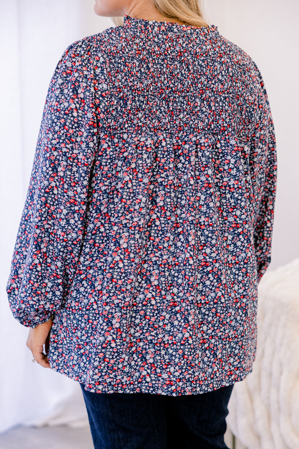 Chic Soul plus size clothing, blue red and white floral print long sleeve v neck top