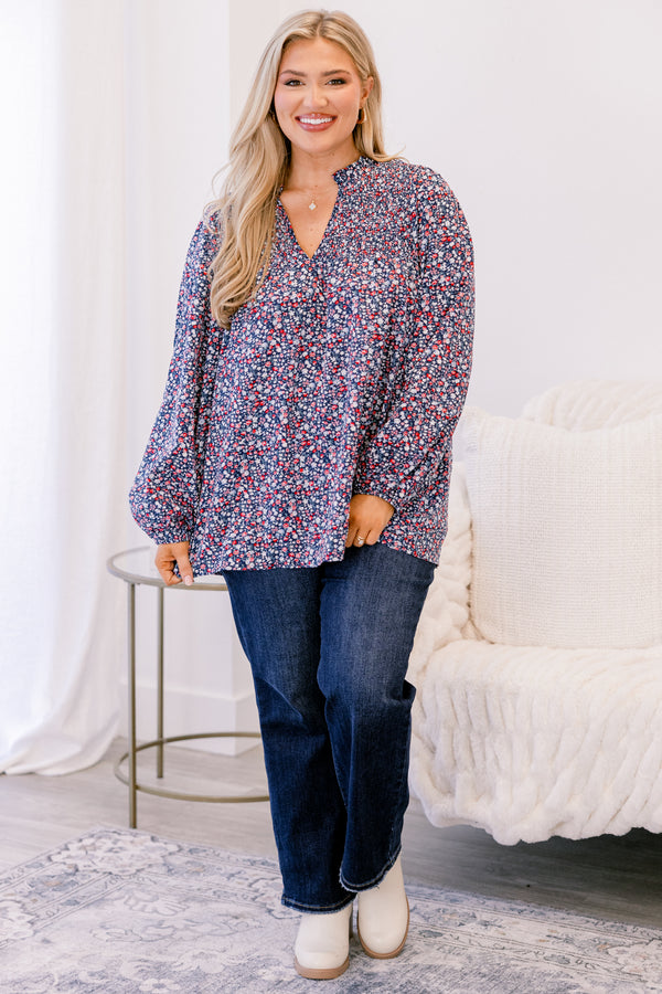 Chic Soul plus size clothing, blue red and white floral print long sleeve v neck top