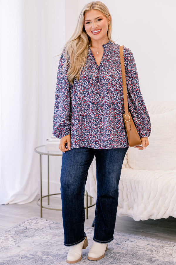 Chic Soul plus size clothing, blue red and white floral print long sleeve v neck top