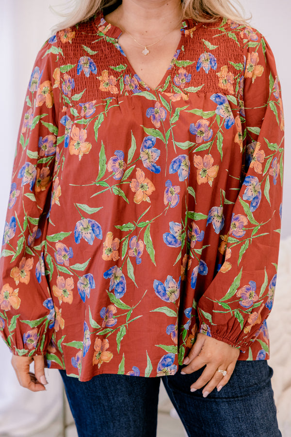 Chic Soul plus size clothing, rust red and blue floral print long sleeve blouse with v neck cutout