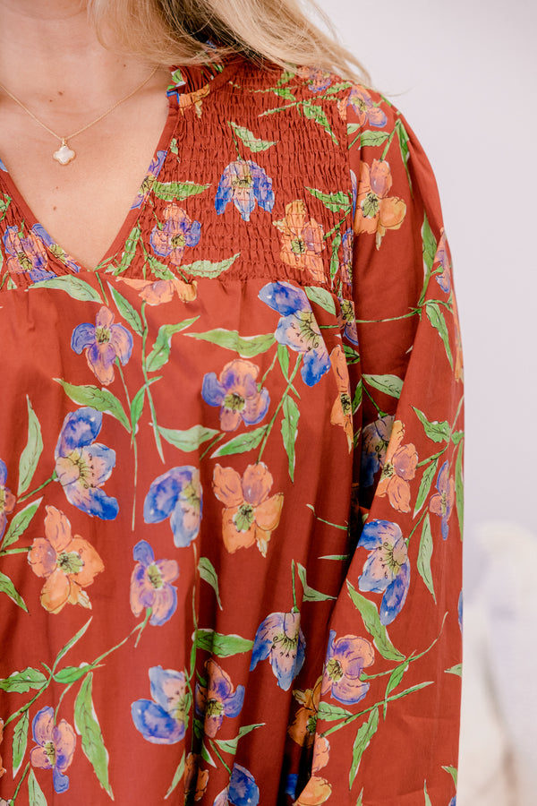 Chic Soul plus size clothing, rust red and blue floral print long sleeve blouse with v neck cutout