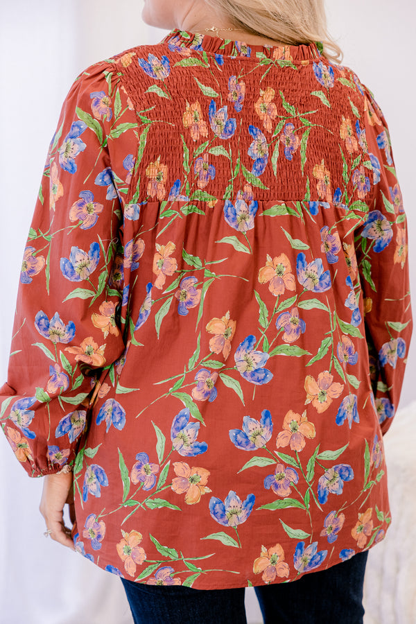 Chic Soul plus size clothing, rust red and blue floral print long sleeve blouse with v neck cutout