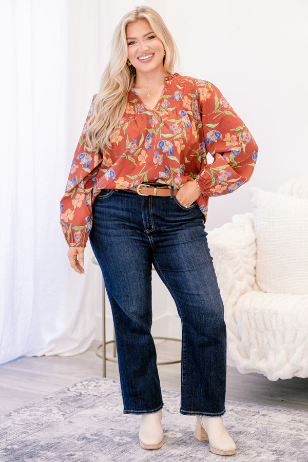 Chic Soul plus size clothing, rust red and blue floral print long sleeve blouse with v neck cutout