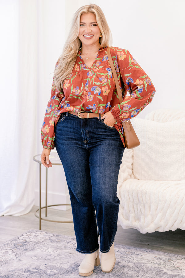 Chic Soul plus size clothing, rust red and blue floral print long sleeve blouse with v neck cutout