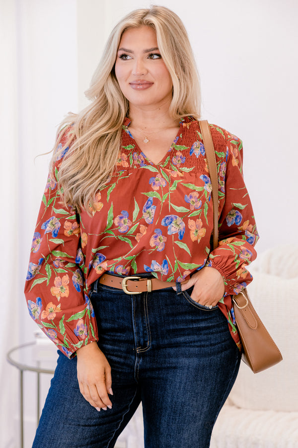 Chic Soul plus size clothing, rust red and blue floral print long sleeve blouse with v neck cutout