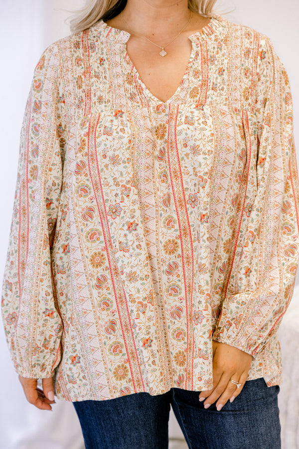 Chic Soul plus size clothing, yellow and orange floral print long sleeve v neck top