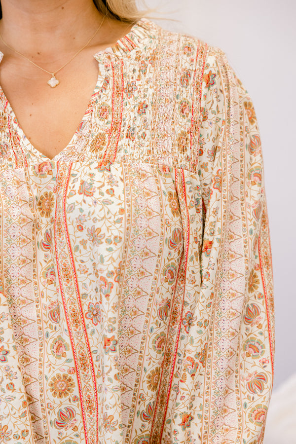 Chic Soul plus size clothing, yellow and orange floral print long sleeve v neck top