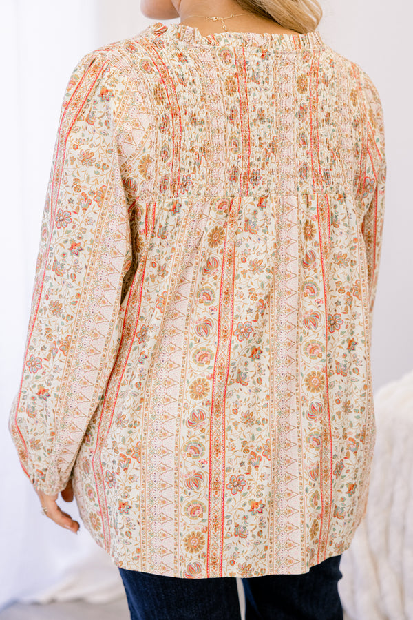 Chic Soul plus size clothing, yellow and orange floral print long sleeve v neck top