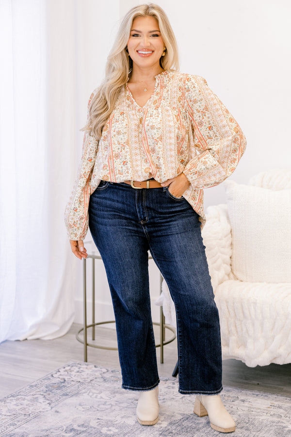 Chic Soul plus size clothing, yellow and orange floral print long sleeve v neck top