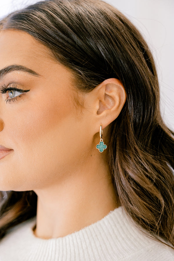 Chic Soul plus size clothing, gold small hoop earrings with teal drop down clover pendant
