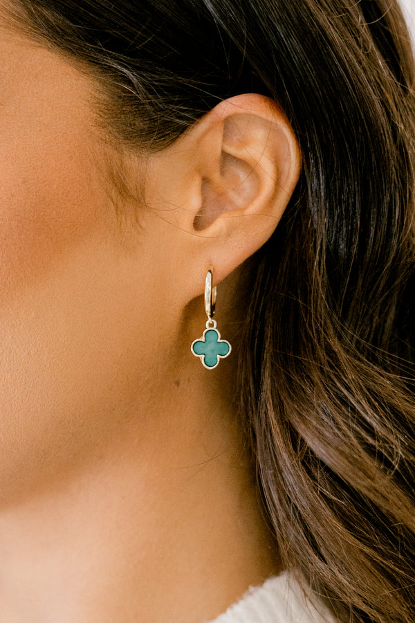 Chic Soul plus size clothing, gold small hoop earrings with teal drop down clover pendant