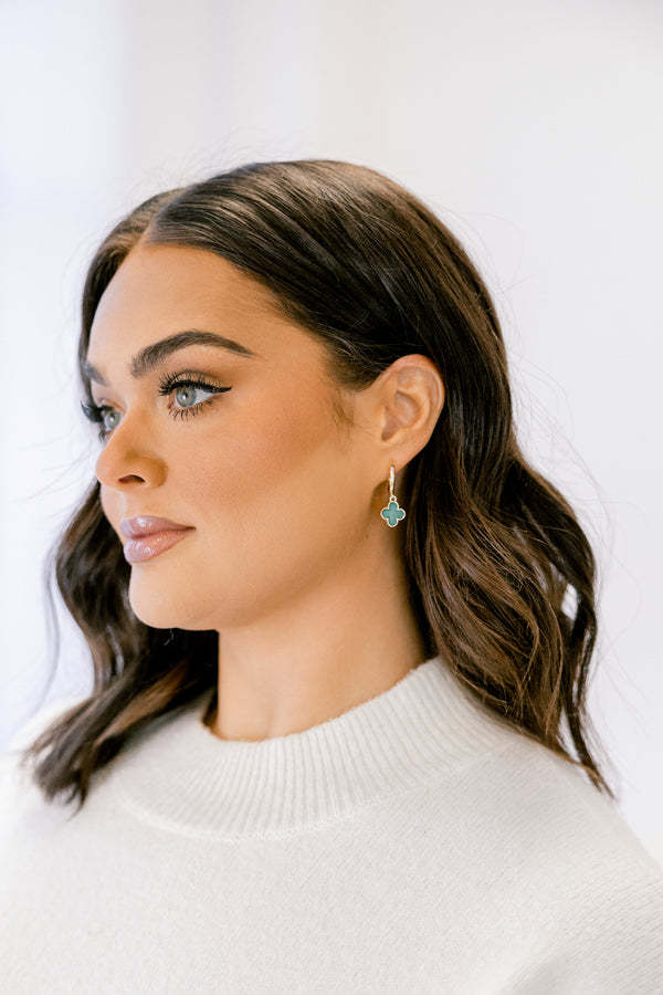 Chic Soul plus size clothing, gold small hoop earrings with teal drop down clover pendant