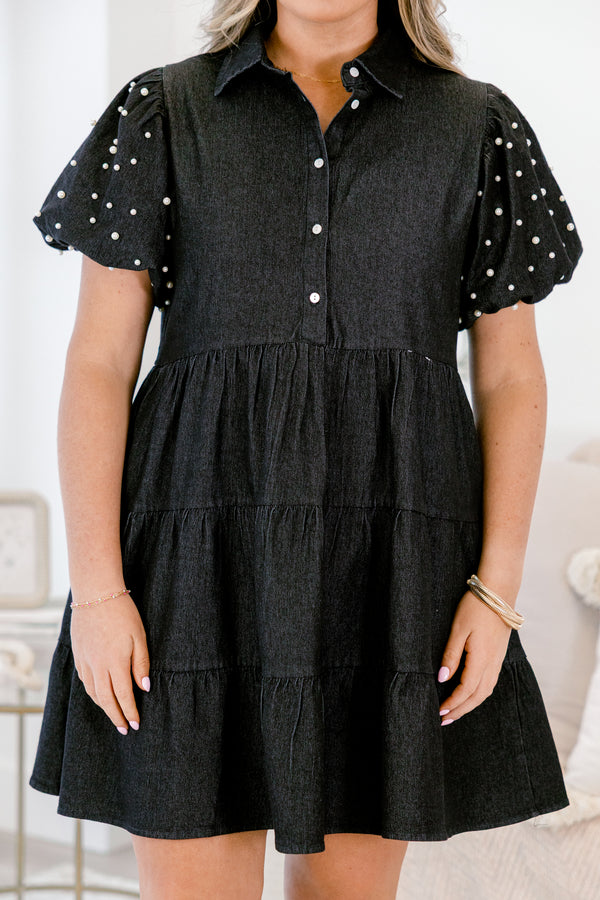  Chic Soul plus size clothing, black denim short dress with short pearl embellished puff sleeves and buttons a quarter down the front with a collar