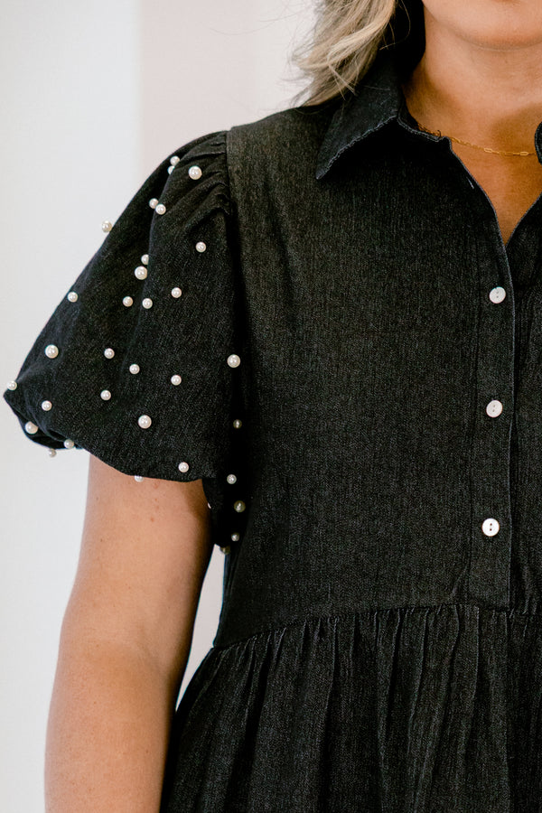  Chic Soul plus size clothing, black denim short dress with short pearl embellished puff sleeves and buttons a quarter down the front with a collar