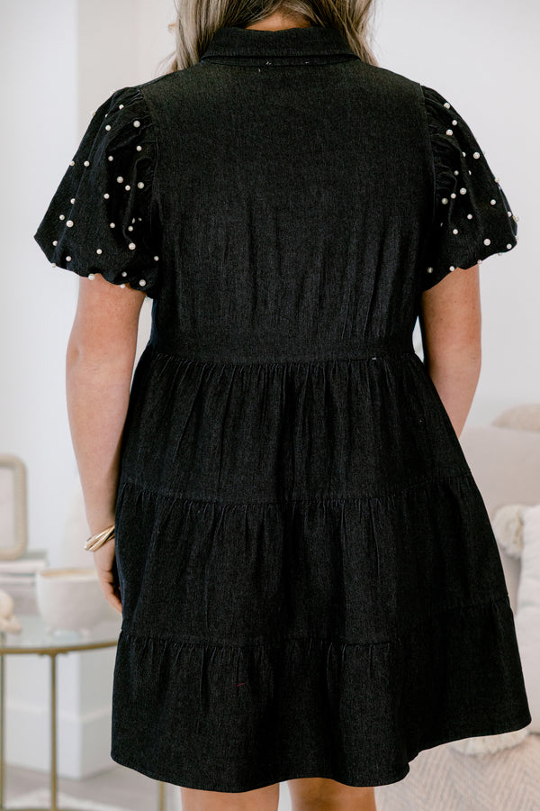  Chic Soul plus size clothing, black denim short dress with short pearl embellished puff sleeves and buttons a quarter down the front with a collar