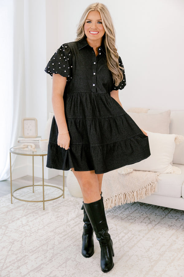  Chic Soul plus size clothing, black denim short dress with short pearl embellished puff sleeves and buttons a quarter down the front with a collar