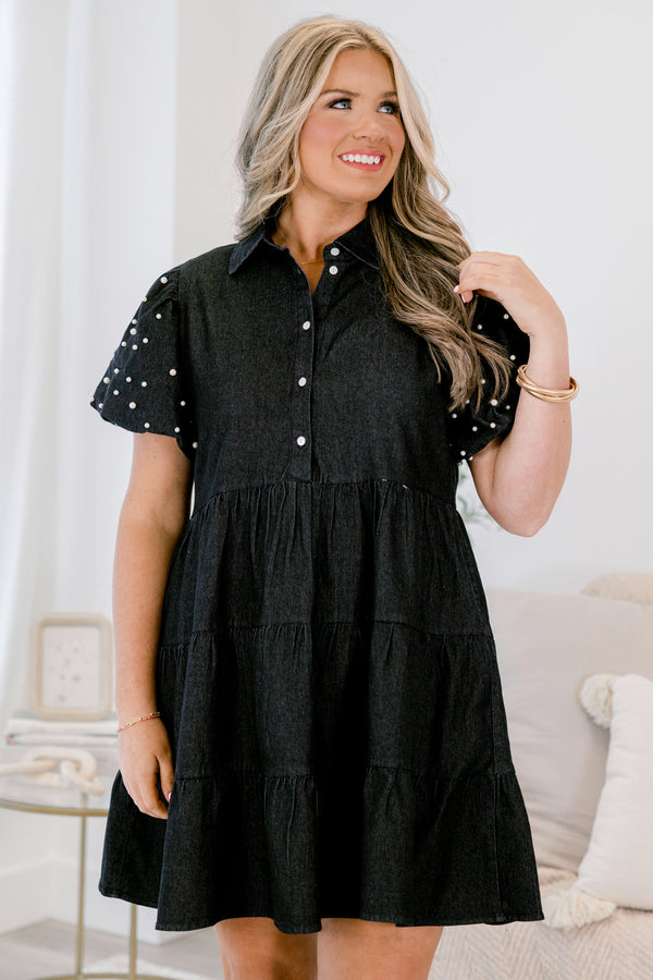  Chic Soul plus size clothing, black denim short dress with short pearl embellished puff sleeves and buttons a quarter down the front with a collar