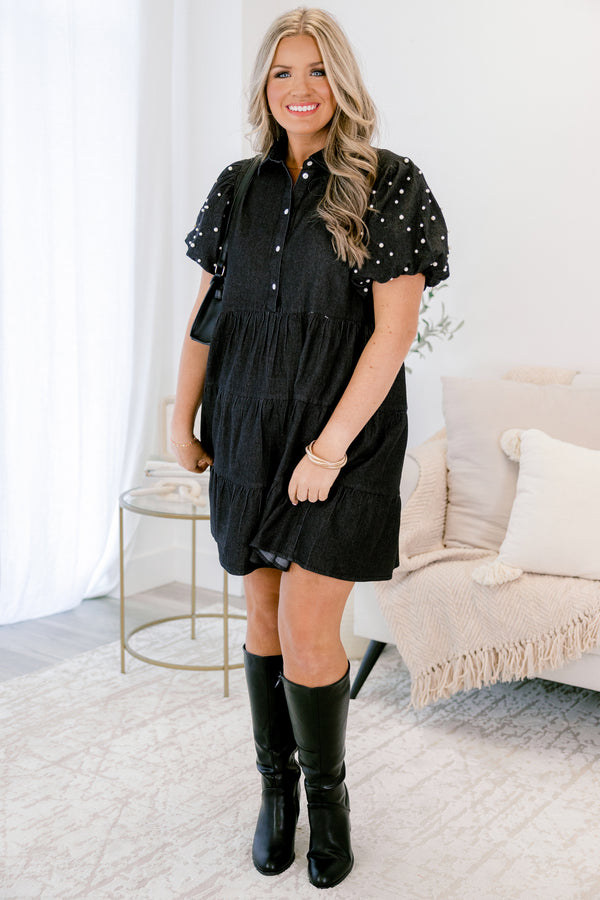  Chic Soul plus size clothing, black denim short dress with short pearl embellished puff sleeves and buttons a quarter down the front with a collar