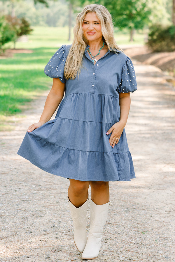 Chic Soul plus size clothing dark denim tiered baby doll dress with button detailing going to the bottom of the chest as well as pearl details on the bubble sleeves 