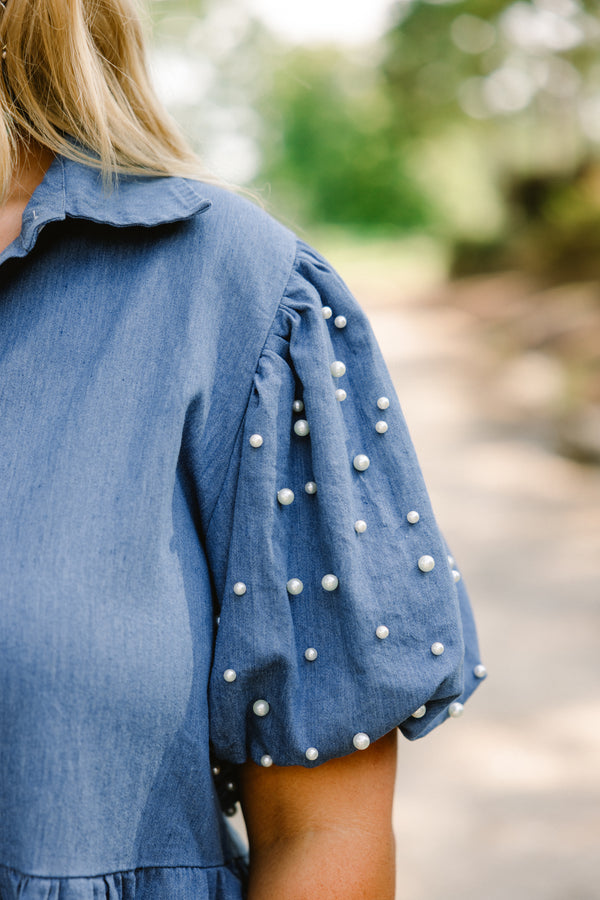 Chic Soul plus size clothing dark denim tiered baby doll dress with button detailing going to the bottom of the chest as well as pearl details on the bubble sleeves 