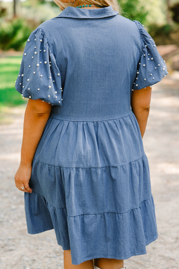 Chic Soul plus size clothing dark denim tiered baby doll dress with button detailing going to the bottom of the chest as well as pearl details on the bubble sleeves 