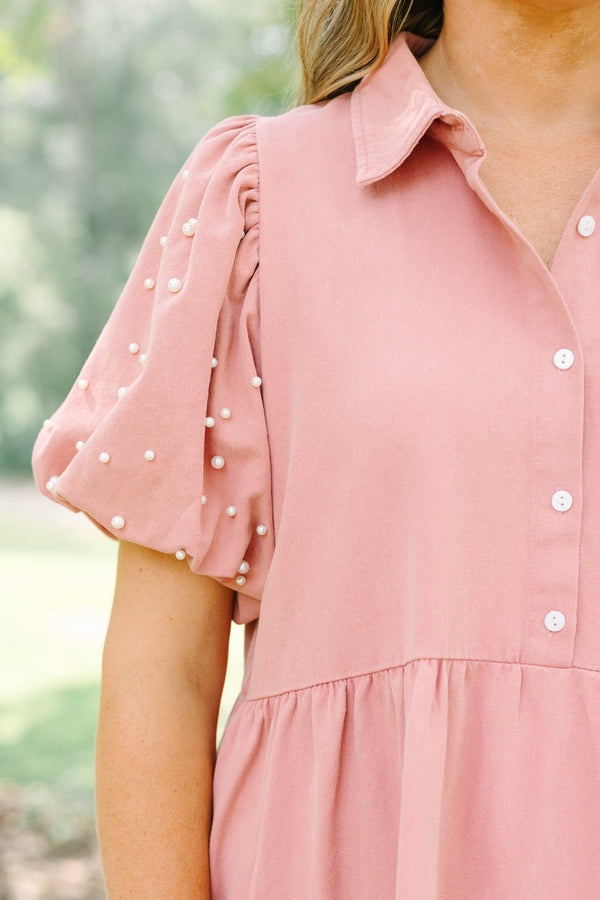 Plus Size pink tiered shirt dress with pearl-embellished puff sleeves and a collared button-up front.