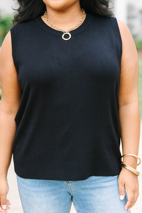 Plus Size black knit tank top with a high crew neckline and sleeveless design.