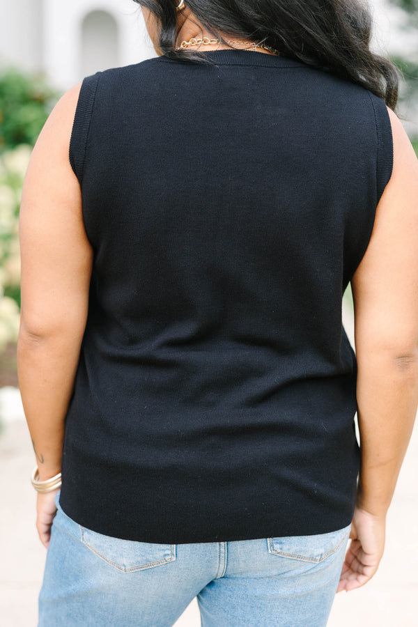 Plus Size black knit tank top with a high crew neckline and sleeveless design.
