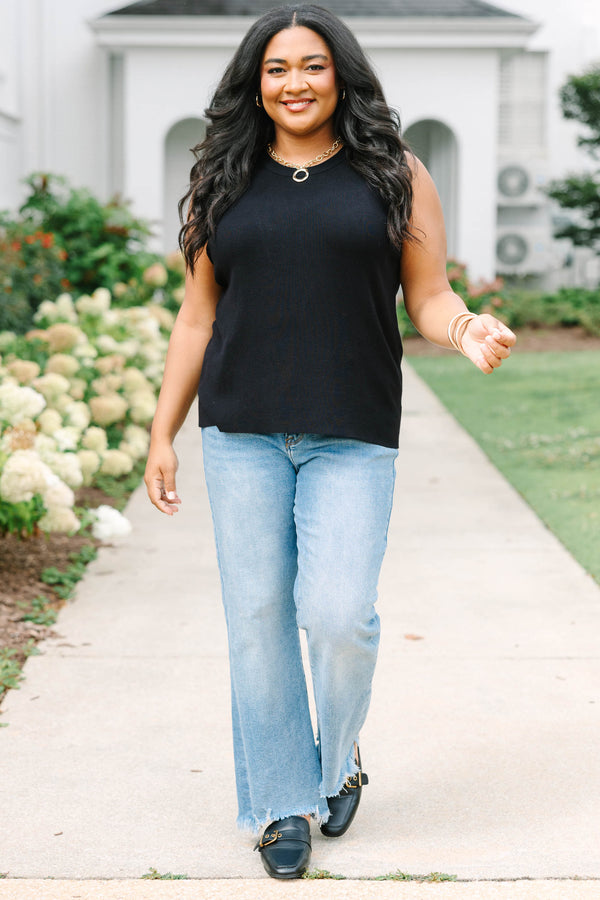 Plus Size black knit tank top with a high crew neckline and sleeveless design.
