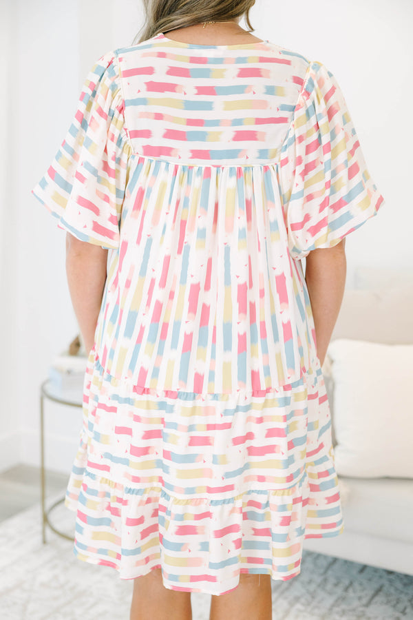 Chic Soul plus size clothing, cream pink short sleeve mini dress with abstract print with puff sleeves and v cutout along neckline