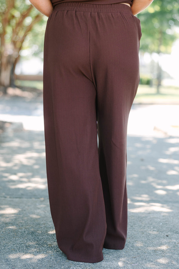 Plus Size chocolate brown ribbed two-piece set with a short sleeve top and wide-leg pants.