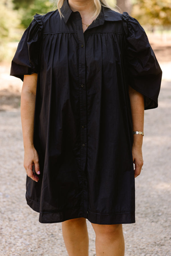 Chic Soul plus size clothing, black short puff sleeve button up dress with collar