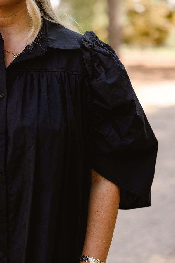 Chic Soul plus size clothing, black short puff sleeve button up dress with collar