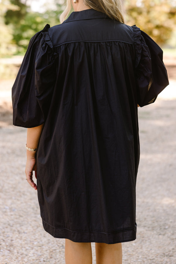 Chic Soul plus size clothing, black short puff sleeve button up dress with collar