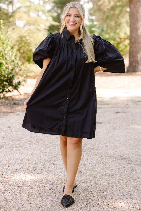 Chic Soul plus size clothing, black short puff sleeve button up dress with collar