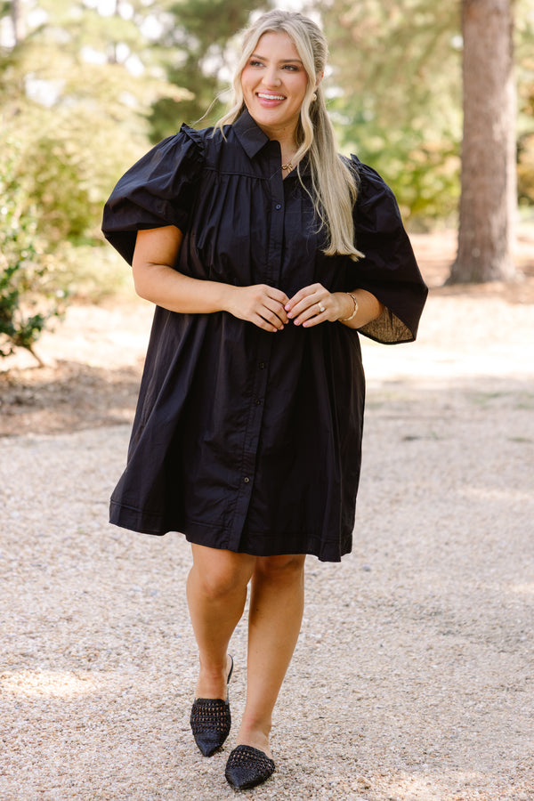 Chic Soul plus size clothing, black short puff sleeve button up dress with collar