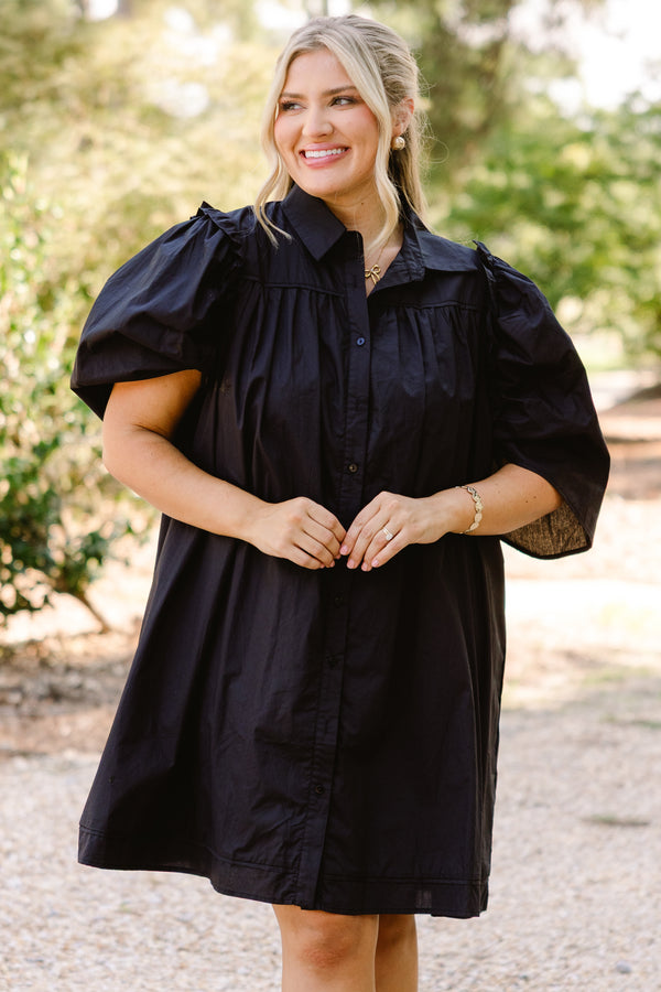 Chic Soul plus size clothing, black short puff sleeve button up dress with collar