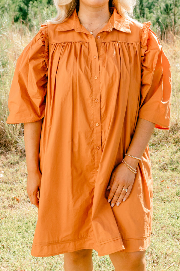 Chic Soul plus size clothing, brown short puff sleeve button up dress with collar