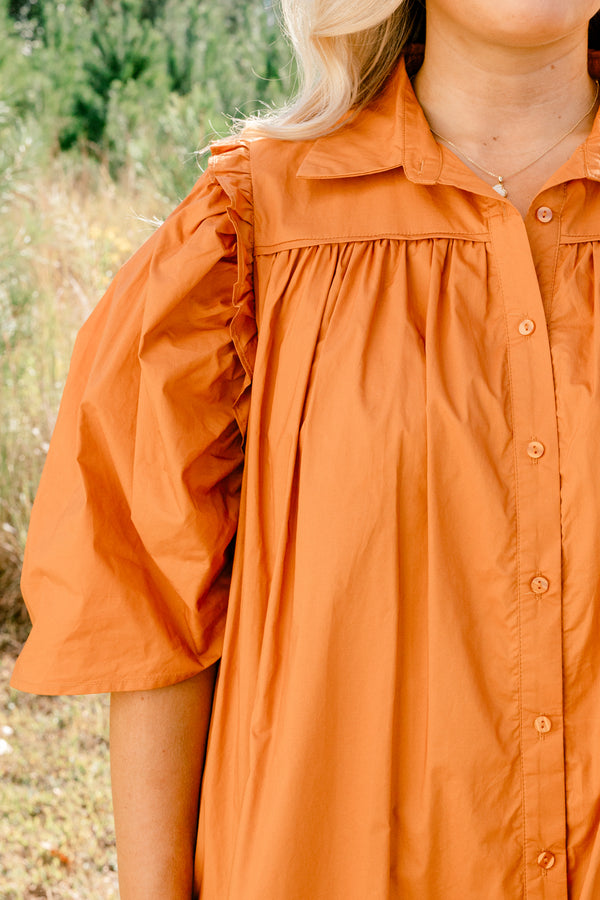 Chic Soul plus size clothing, brown short puff sleeve button up dress with collar