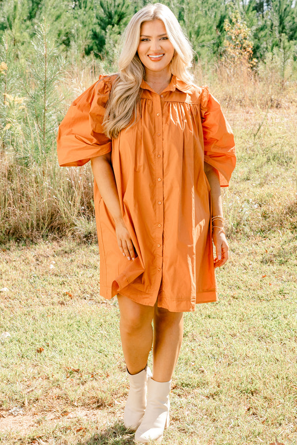 Chic Soul plus size clothing, brown short puff sleeve button up dress with collar