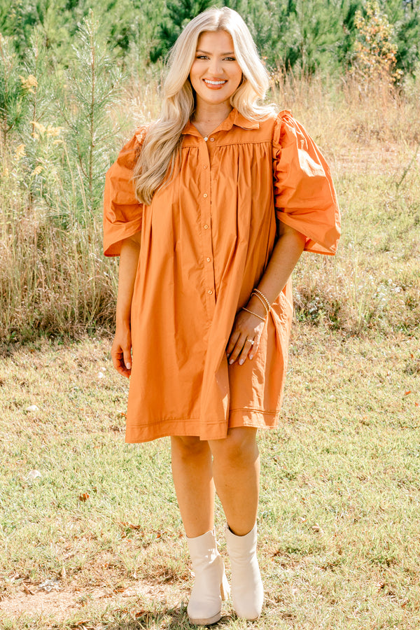 Chic Soul plus size clothing, brown short puff sleeve button up dress with collar