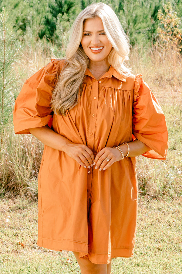 Chic Soul plus size clothing, brown short puff sleeve button up dress with collar