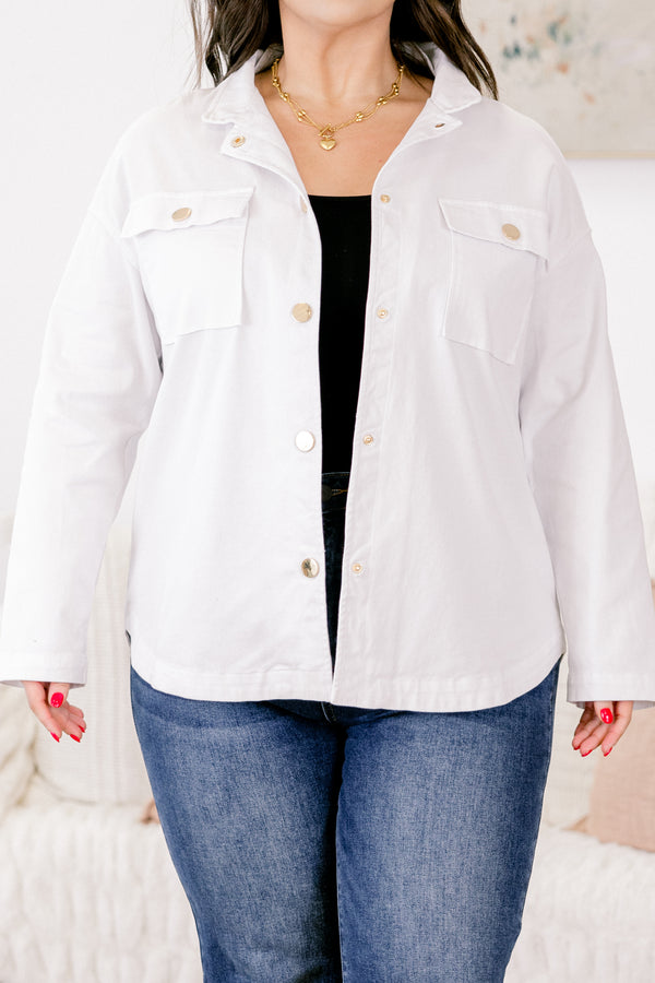 Chic Soul plus size clothing, white button down jacket with gold hardware