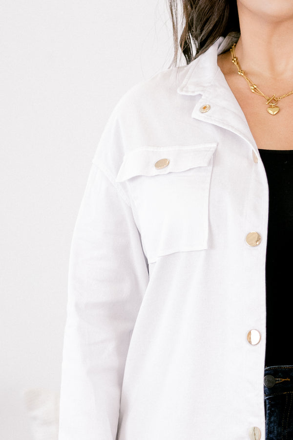 Chic Soul plus size clothing, white button down jacket with gold hardware