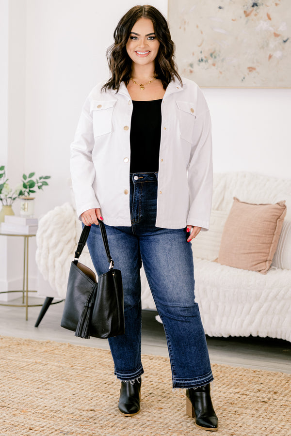 Chic Soul plus size clothing, white button down jacket with gold hardware