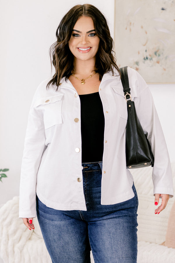 Chic Soul plus size clothing, white button down jacket with gold hardware